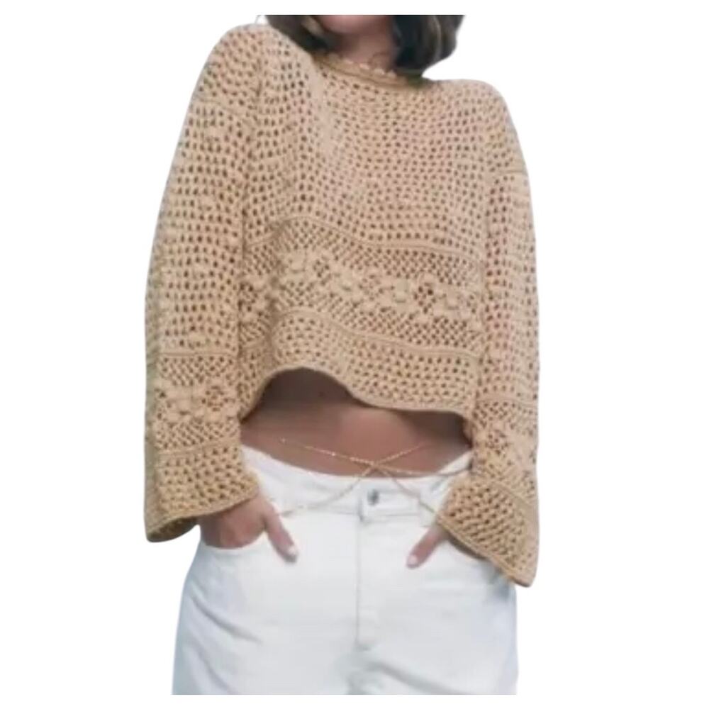 Zara‎ Crochet Knit Sweater Tan Boho Small Oversize Beachy Costal Flounce Sleeve